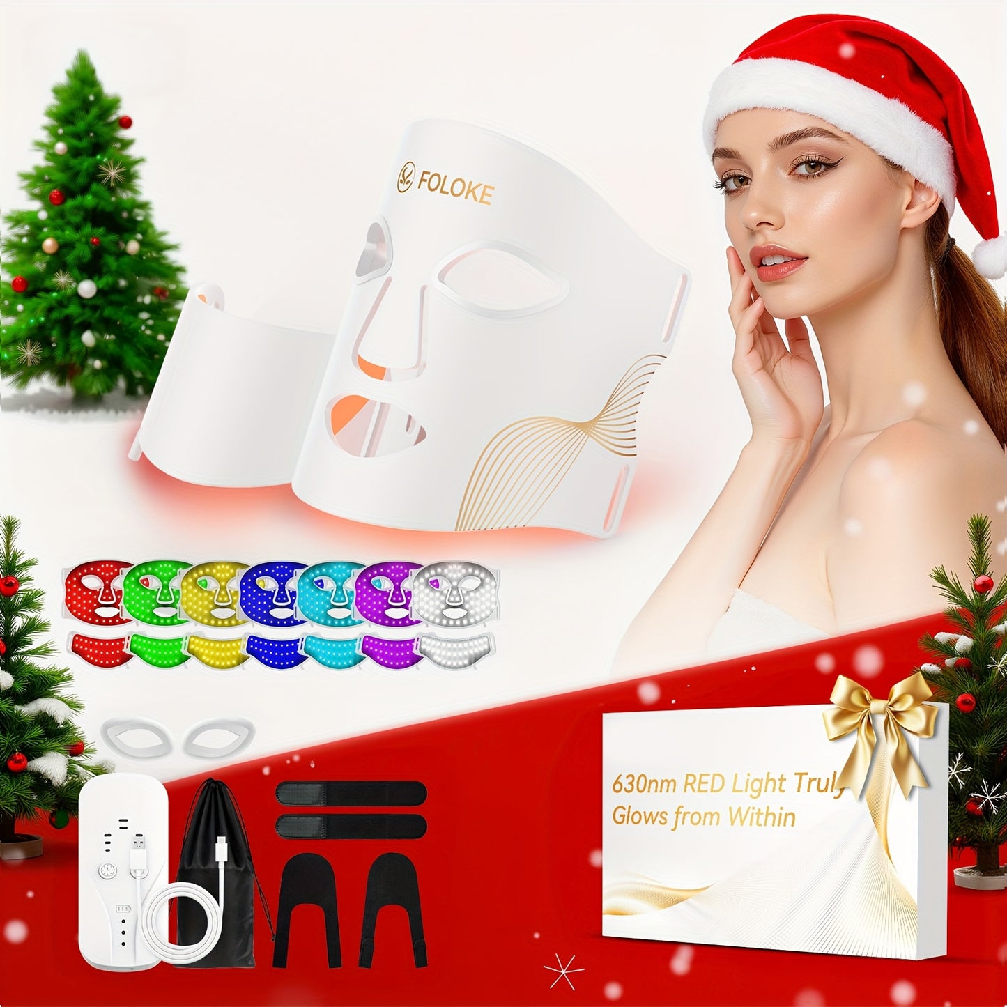 FDA-Cleared LED Red Light Relax Facial Mask with 5 Levels & 7 Colors, Compatible for acne , Collagen, Light Beige  - At-Home Device with Neck & Eye Mask Attachments, Portable Light Relax Gift for &